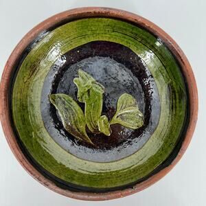 Vintage Patamban Michoacan Green Bowl Redware Pottery Mexico Folk Art